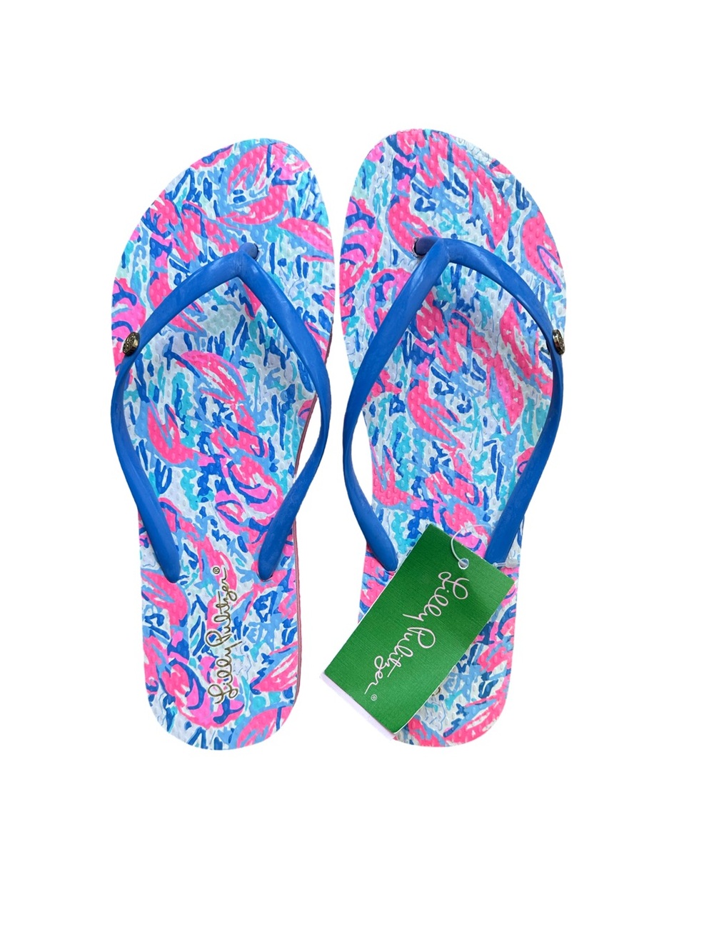 New Lilly Pulitzer Pool Flip Flop  Blue & Pink Brushstroke Logo Size 9/10